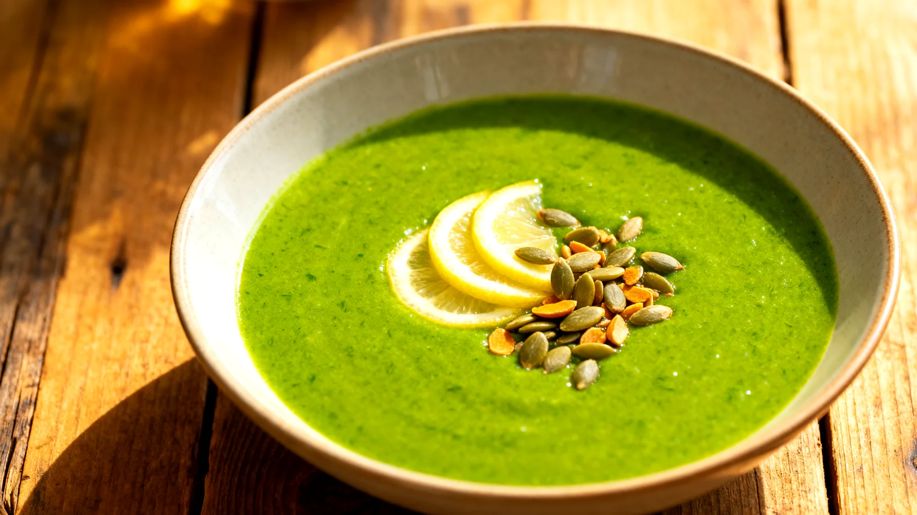Brennnesselsuppe mit Zitrone und Kürbiskernen"
