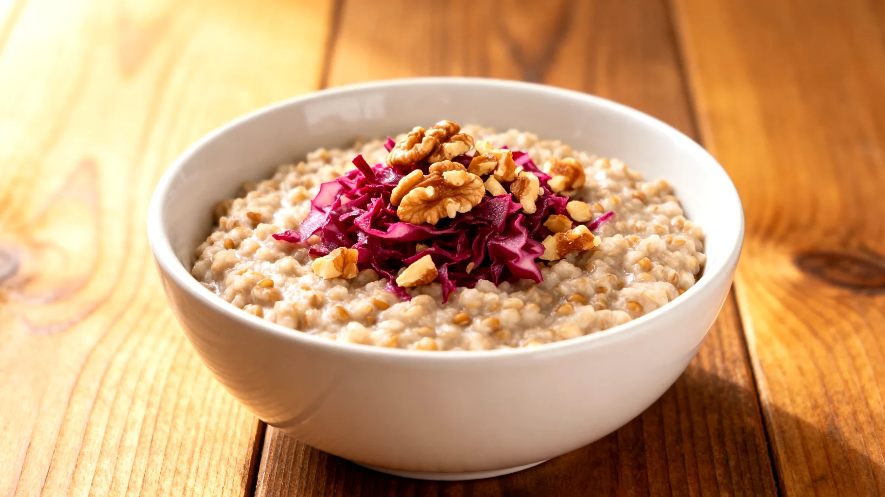 Buchweizen-Porridge mit fermentiertem Rotkohl und Walnüssen"