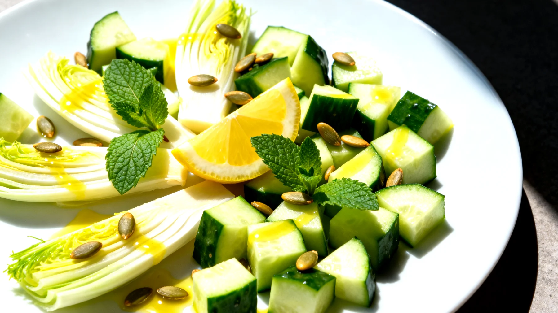 Fenchel-Gurken-Salat mit Zitrone, Minze und gerösteten Kürbiskernen"