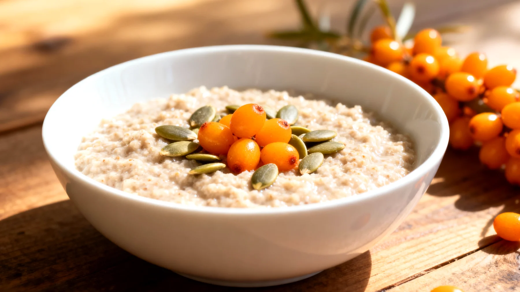 Amaranth-Porridge mit Kürbiskernen und Sanddornbeeren"
