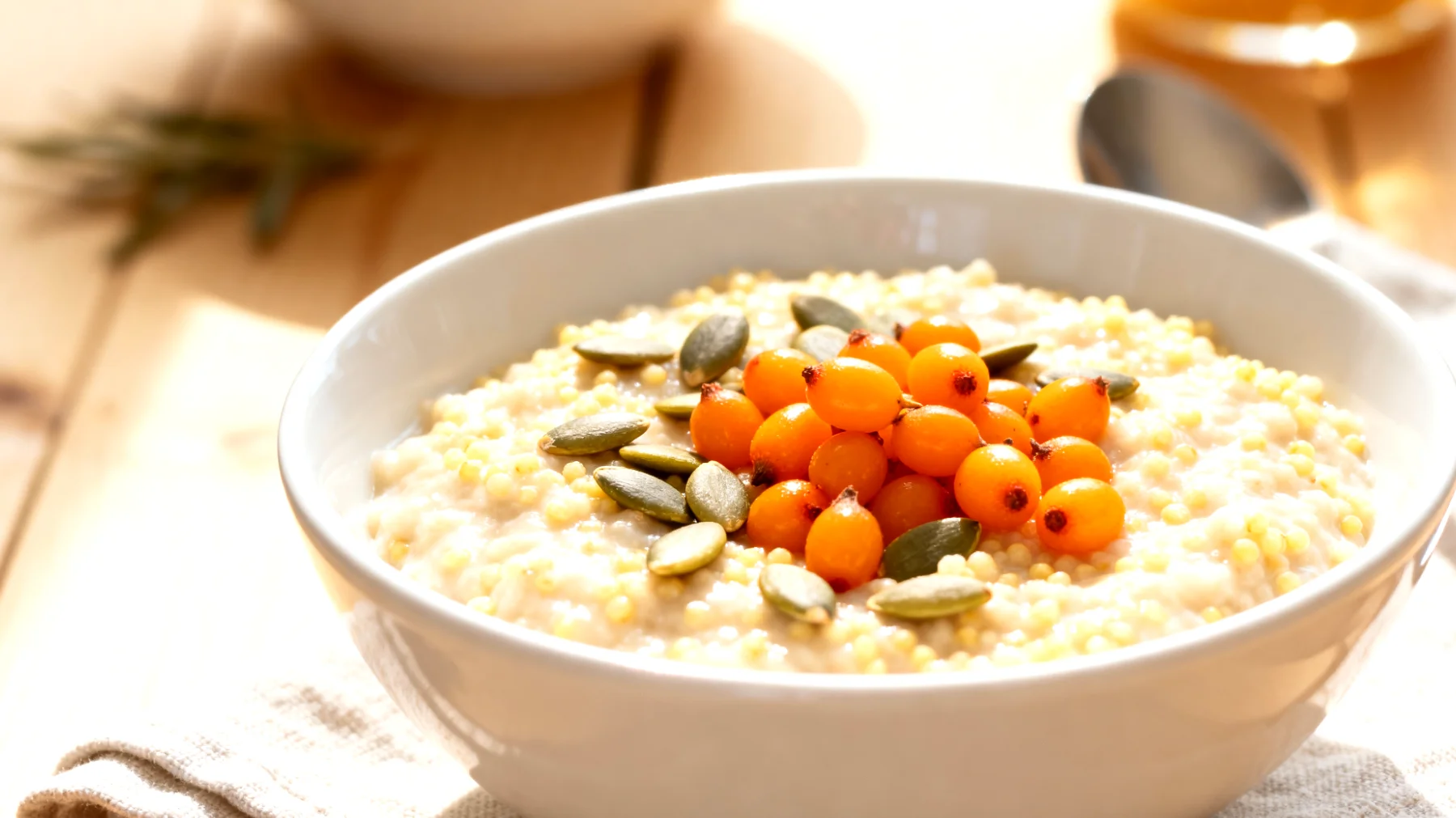 Hirse-Porridge mit Sanddornbeeren und Kürbiskernen"