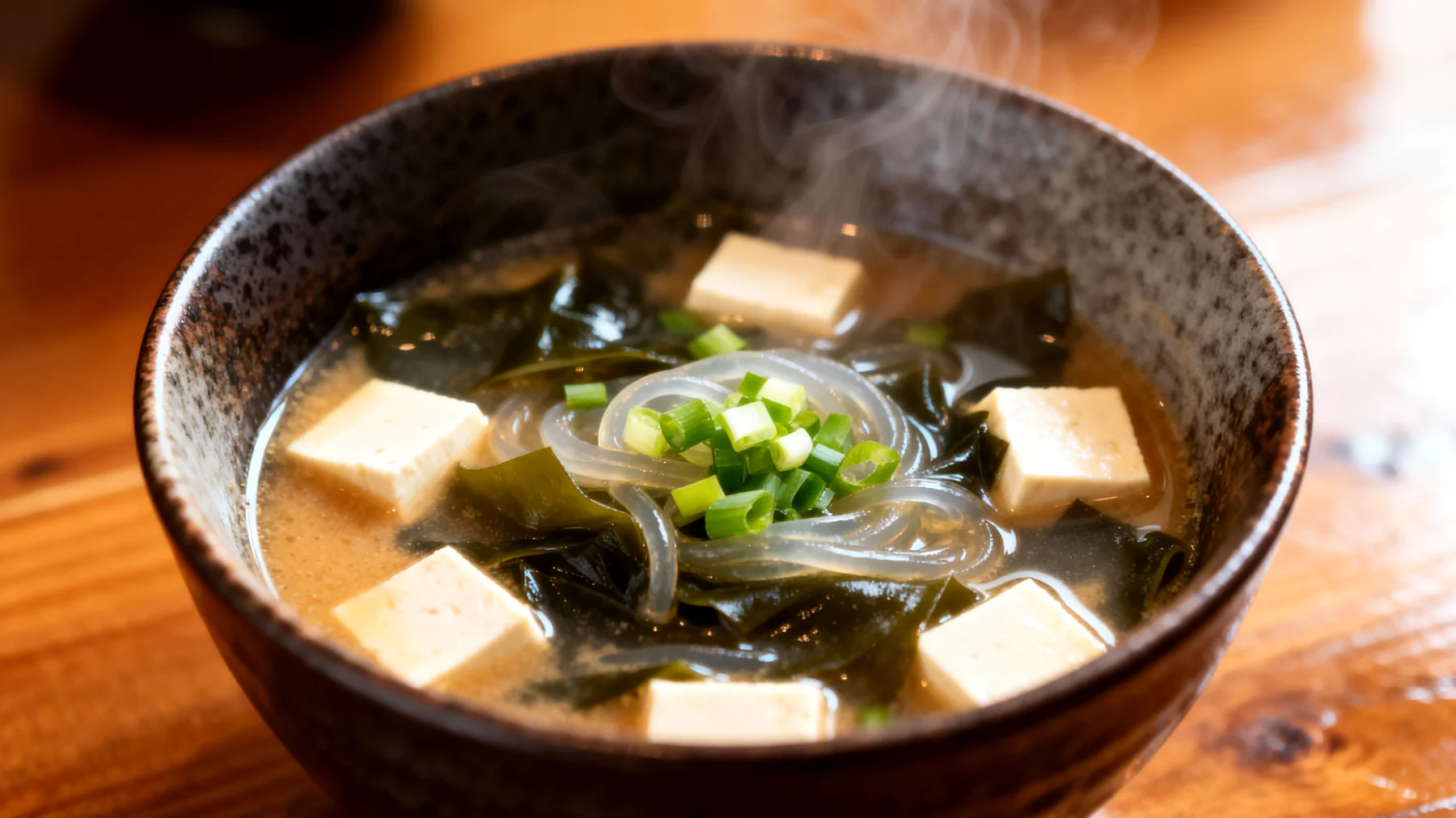 Miso-Suppe mit Wakame-Algen und Seidentofu"