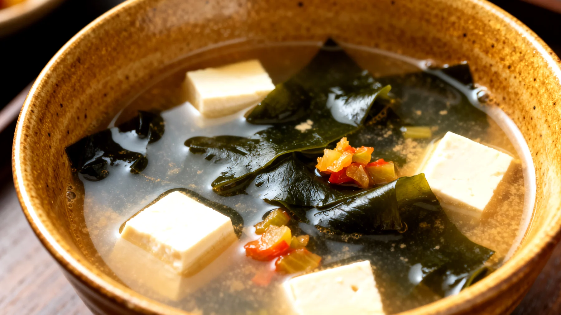 Miso-Suppe mit Wakame-Algen, Seidentofu und fermentiertem Gemüse"