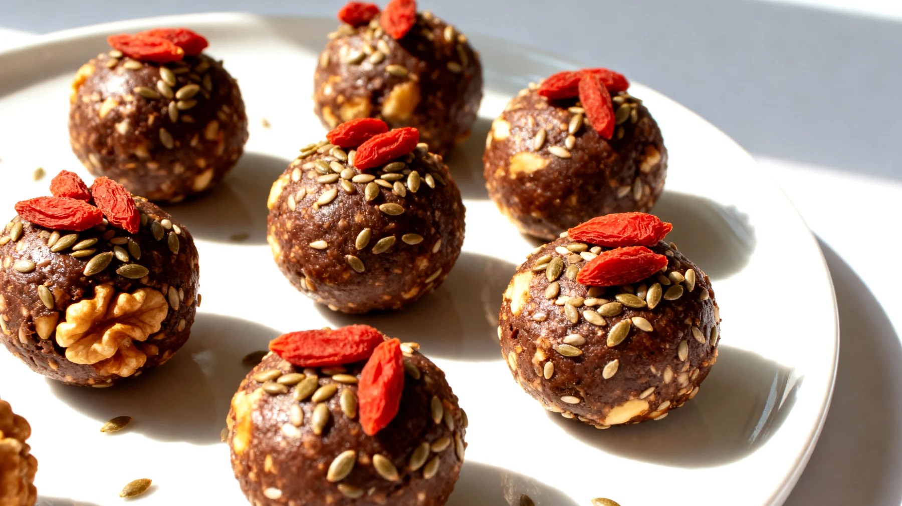Walnuss-Kakao-Energiekugeln mit Goji-Beeren und Hanfsamen"